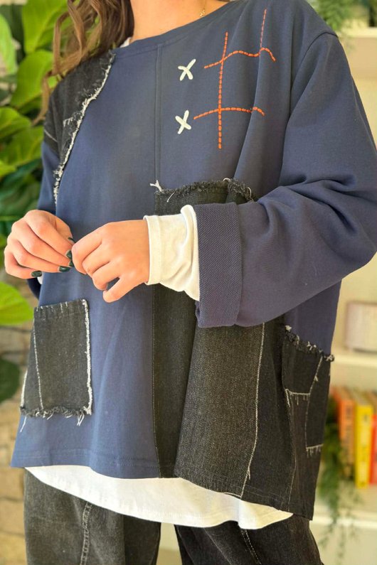 Duran Panel Grid Applique Sweatshirt Navy